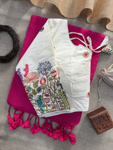 Pink Handloom Cotton Saree With Embrodery Work Redy Made Blouse